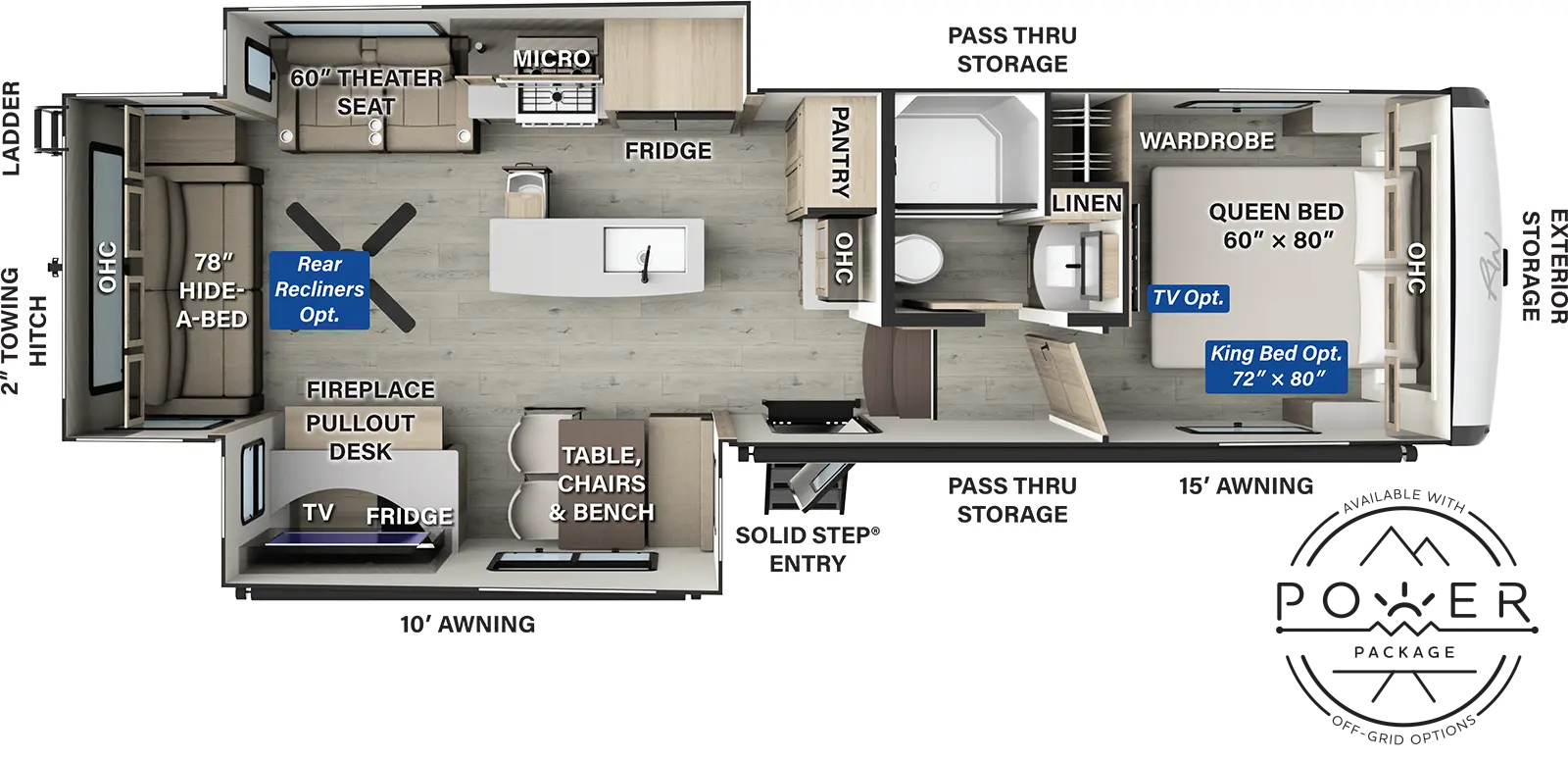 The Rockwood Signature Fifth Wheels R331RL floorplan has one entry and two slide outs. Exterior features include: fiberglass exterior and 10' & 15' awning. Interiors features include: kitchen island, front bedroom and rear living.